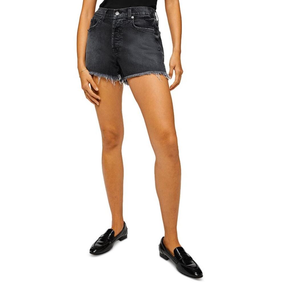 7 FOR ALL MANKIND Cut-Off Jean Shorts Mid Rise Frayed Hem Denim Black Size 24